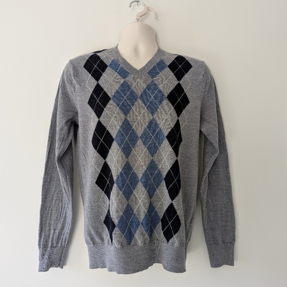 Banana Republic 100% Merino Wool Argyle Pullover V-Neck Sweater - Men's Medium - Picture 1 of 8